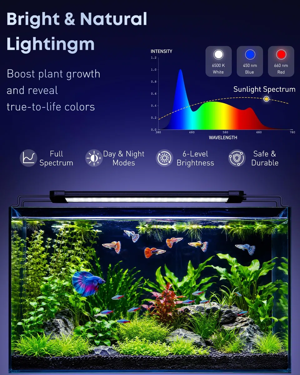 Pawfly Lampe d'aquarium pour plantes, 11 W lumière pour aquarium, spectre complet pour bacs de 30 à 45 cm, lampe LED extensible avec modes jour/nuit & luminosité réglable pour eau douce