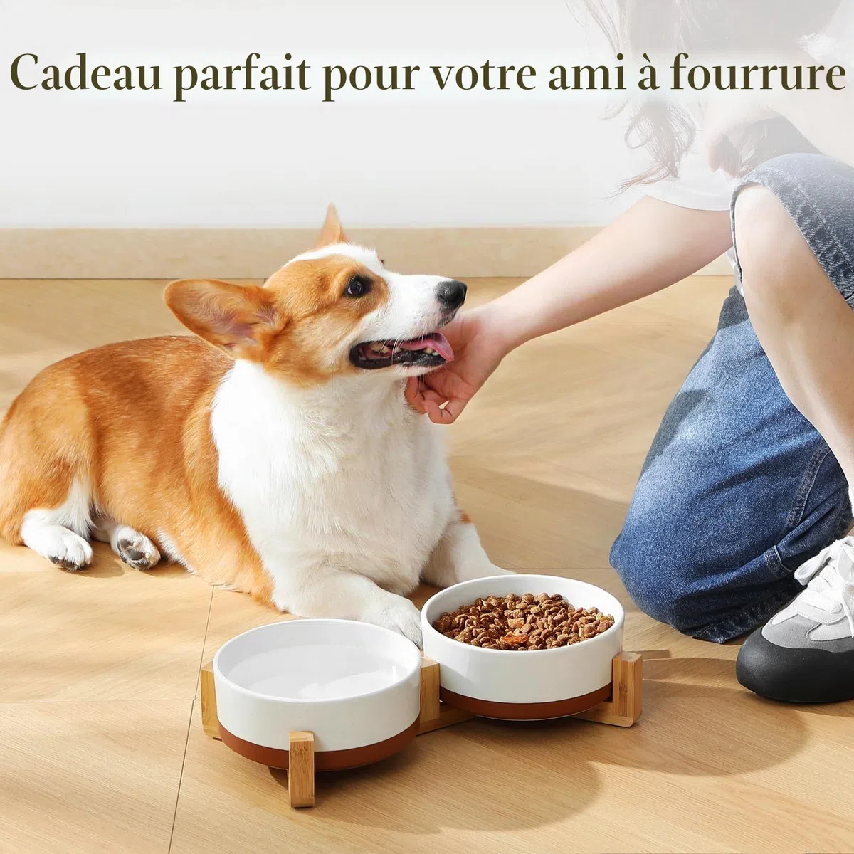 Ensemble de gamelles en céramique pour chien MALACASA avec support en bois, gamelles pour animaux de 3,5 tasses pour chiens de taille moyenne avec base antidérapante, grands chiots, chats, retrievers
