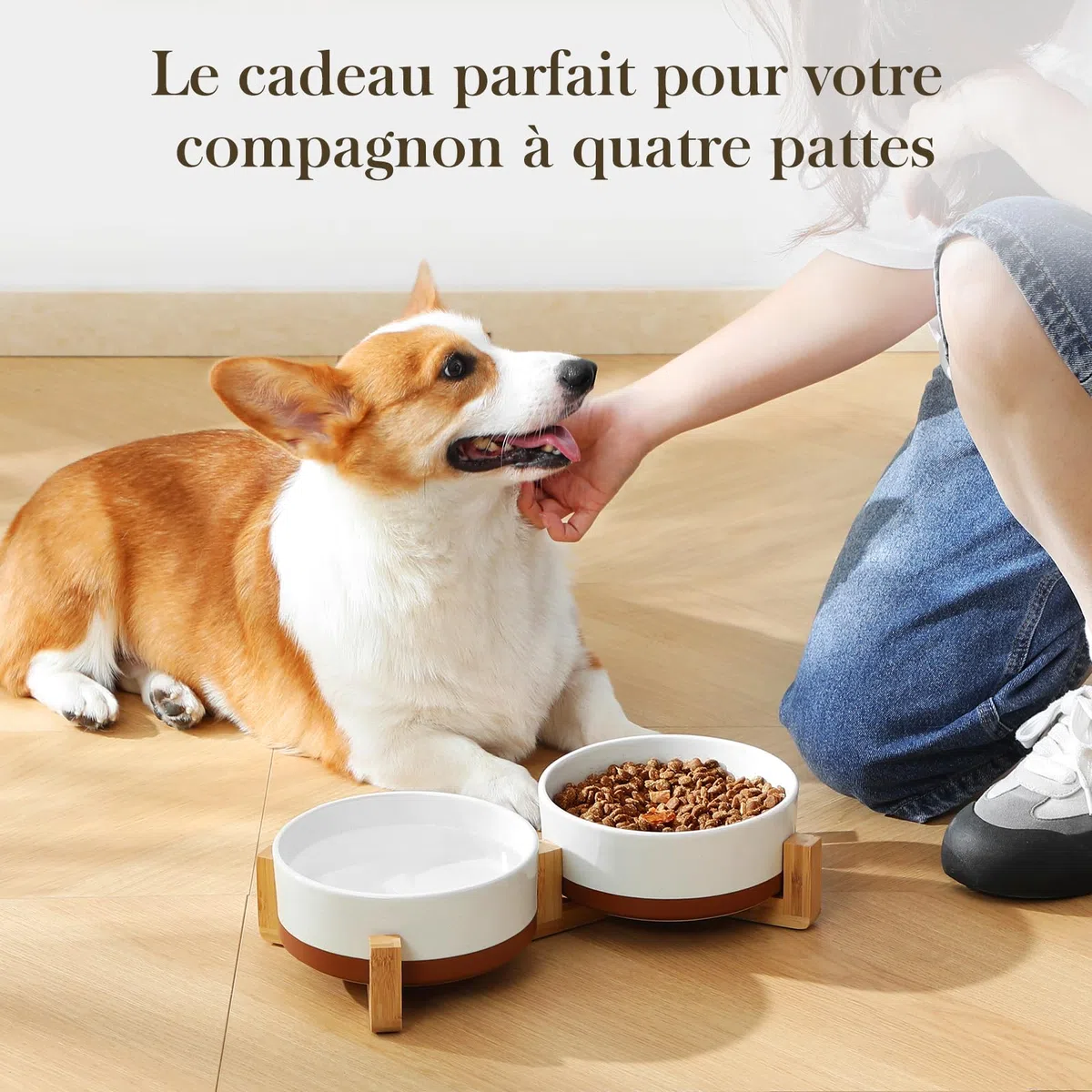 Ensemble de gamelles en céramique pour chien MALACASA avec support en bois, gamelles pour animaux de 3,5 tasses pour chiens de taille moyenne avec base antidérapante, grands chiots, chats, retrievers