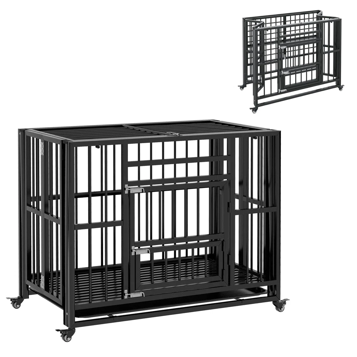 PawHut Cage pour Chien sur roulettes Cage de Transport Pliable en Acier pour Chiens de Taille Grande et Moyenne 2 Portes verrouillables Plateau Amovible 94 x 58 x 78 cm Noir