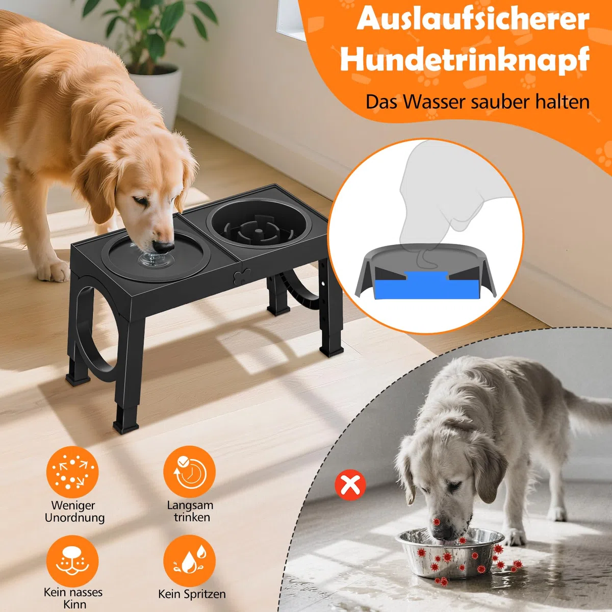 X XBEN 3-in-1 Gamelles Surélevées de 5 Hauteurs Ajustables, Gamelle pour Chien avec 1L Gamelle Anti-Glouton et 1,4L Anti-éclaboussures, Antidérapant, pour Chien de Taille Moyenne et Grande