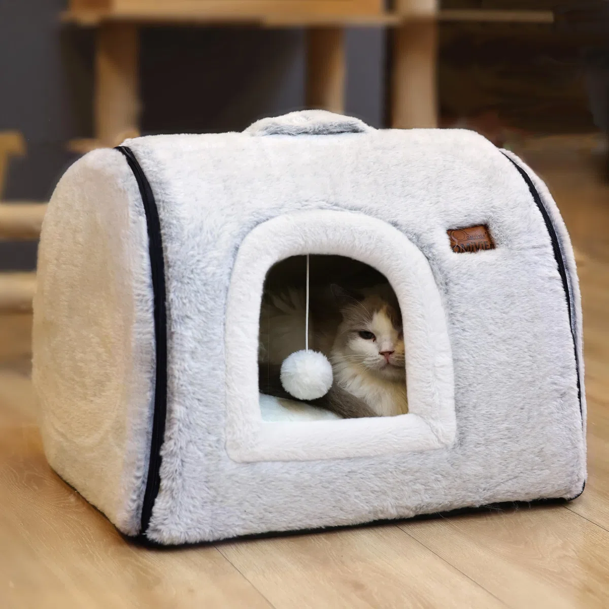 Lit pour Chat d'intérieur Doux et Confortable, avec Coussin rembourré Amovible et Lavable, lit fermé pour Chat, cachette, Tente pour Petit Chien (Gris)