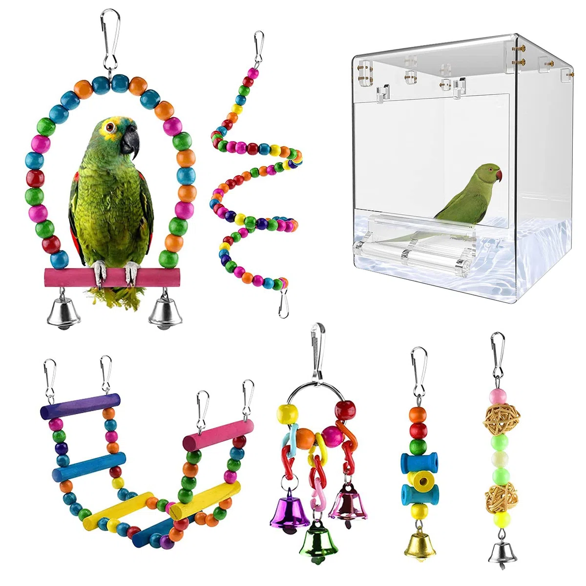 Baignoire pour Oiseaux, bac de Bain pour Oiseaux, boîte de Bain Transparente pour Petits Oiseaux, (boîte de Bain pour Oiseaux sans Fuite + 6 Jouets pour Oiseaux)