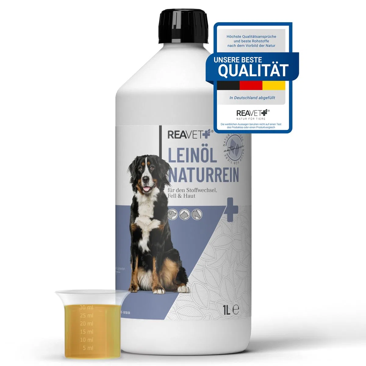 ReaVET Huile de lin pour chevaux et chiens,1 l,pressée à froid,Pure naturelle de qualité supérieure,Soutient la peau et le pelage + métabolisme,Huile de lin pour chien et chat,Sans additifs