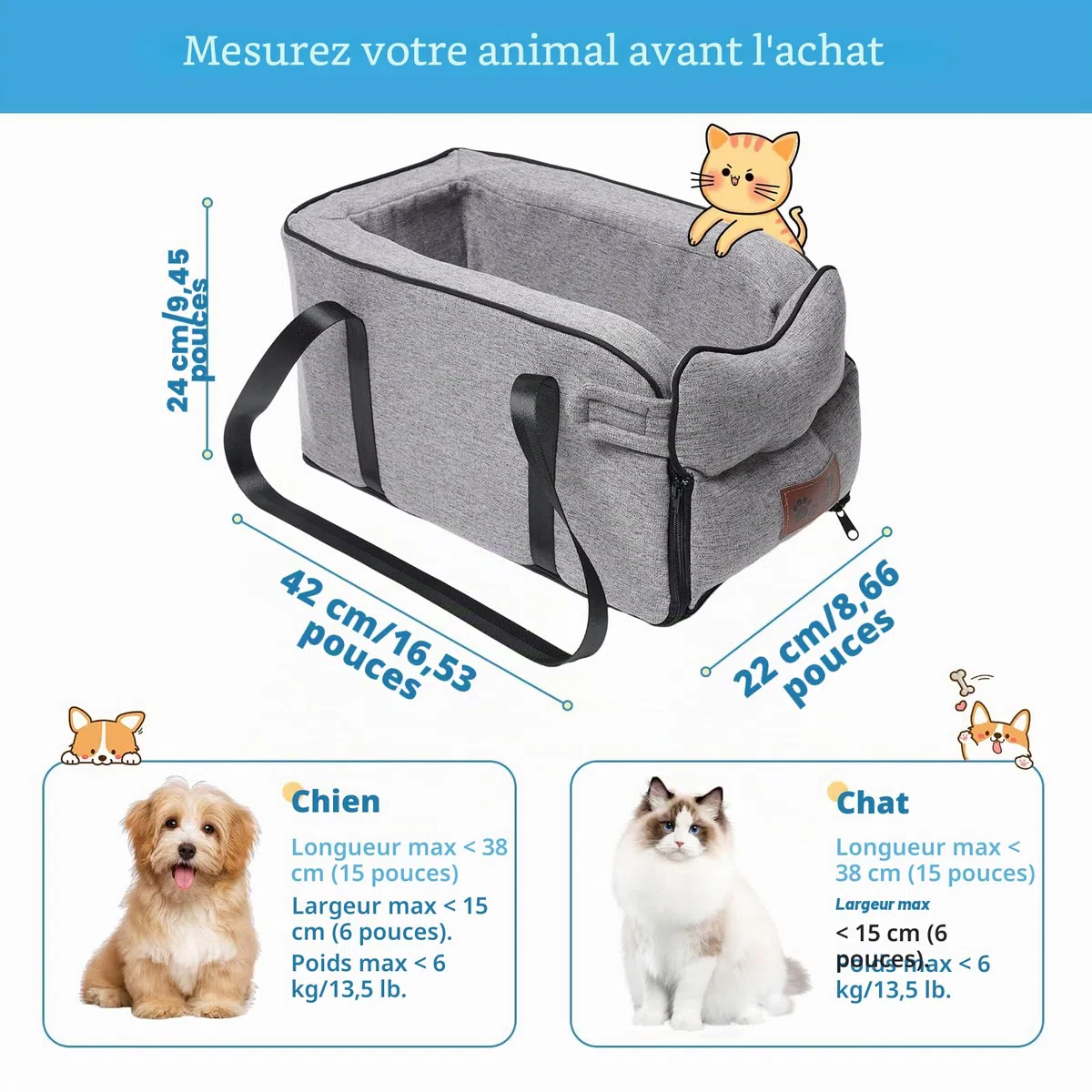 Siège de voiture pour chiens de petite taille, siège rehausseur de voiture amovible et lavable pour petits animaux jusqu'à 6.1 kg, console centrale, chiens et chats, maison, voyage (gris)