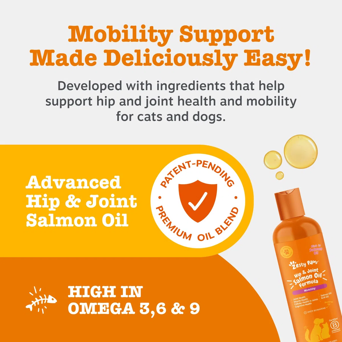 Zesty Paws Hip & Joint Salmon Oil | Joint Support for Active Pets | Omega 3 | Helps Maintain Healthy Joints | Salmon Oil for Dogs and Cats | 250ml