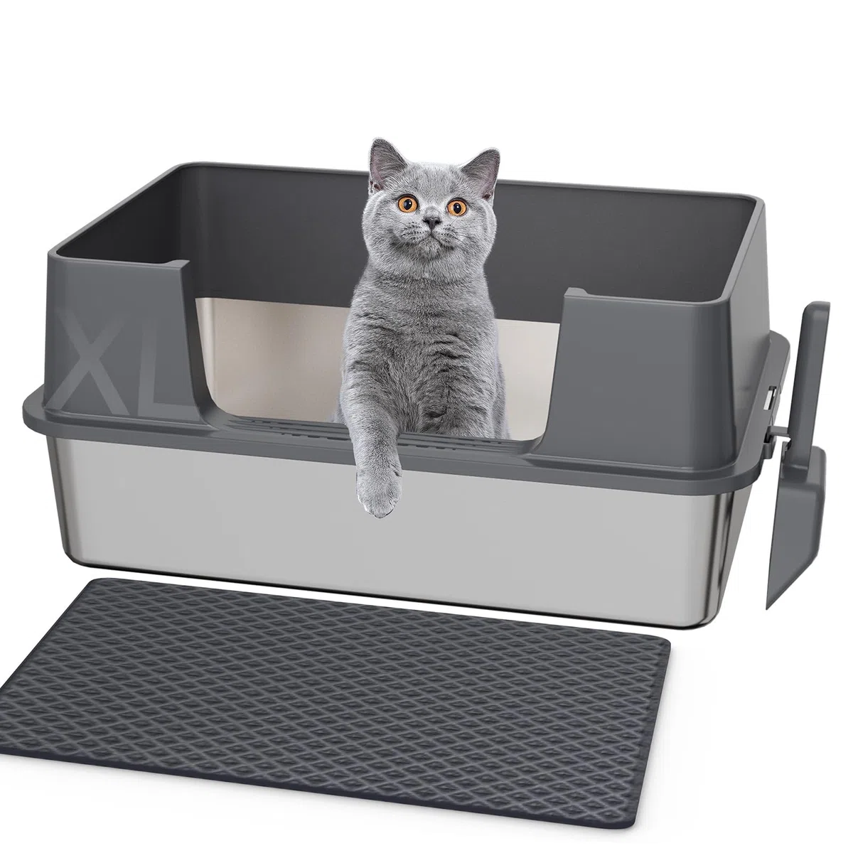 Gimars XXL Bac à Litière Chat en INOX 35L, Grande Capacité Anti-Fuite à Bords Hauts avec Entrée Latérale, Réduit Les Odeurs et Facile à Nettoyer, pour Grands Chats et Foyers Multi-Chats, 58×38×26 cm