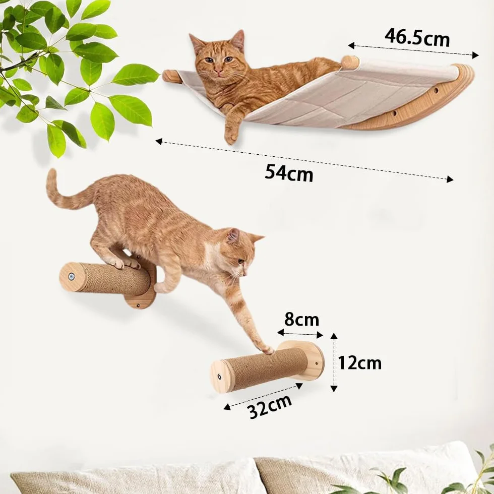 Hamac pour Chat Mural Grande Étagère pour Chat avec 2 Pilier d'escalade pour Chat, Fenetre Pliable Lit pour Chat, Capacité de Charge 18kg