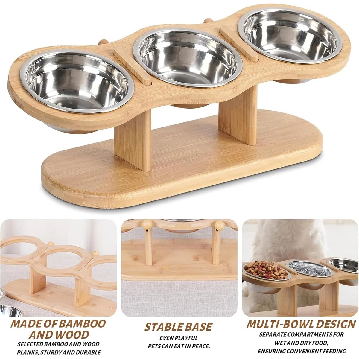 Surélevée Bol Chat Gamelle Chat avec 3 Bols en Acier Inoxydable, Hauteur Réglable–Support pour Eau et Nourriture Adaptée Aux Chats Et Petits Chiens