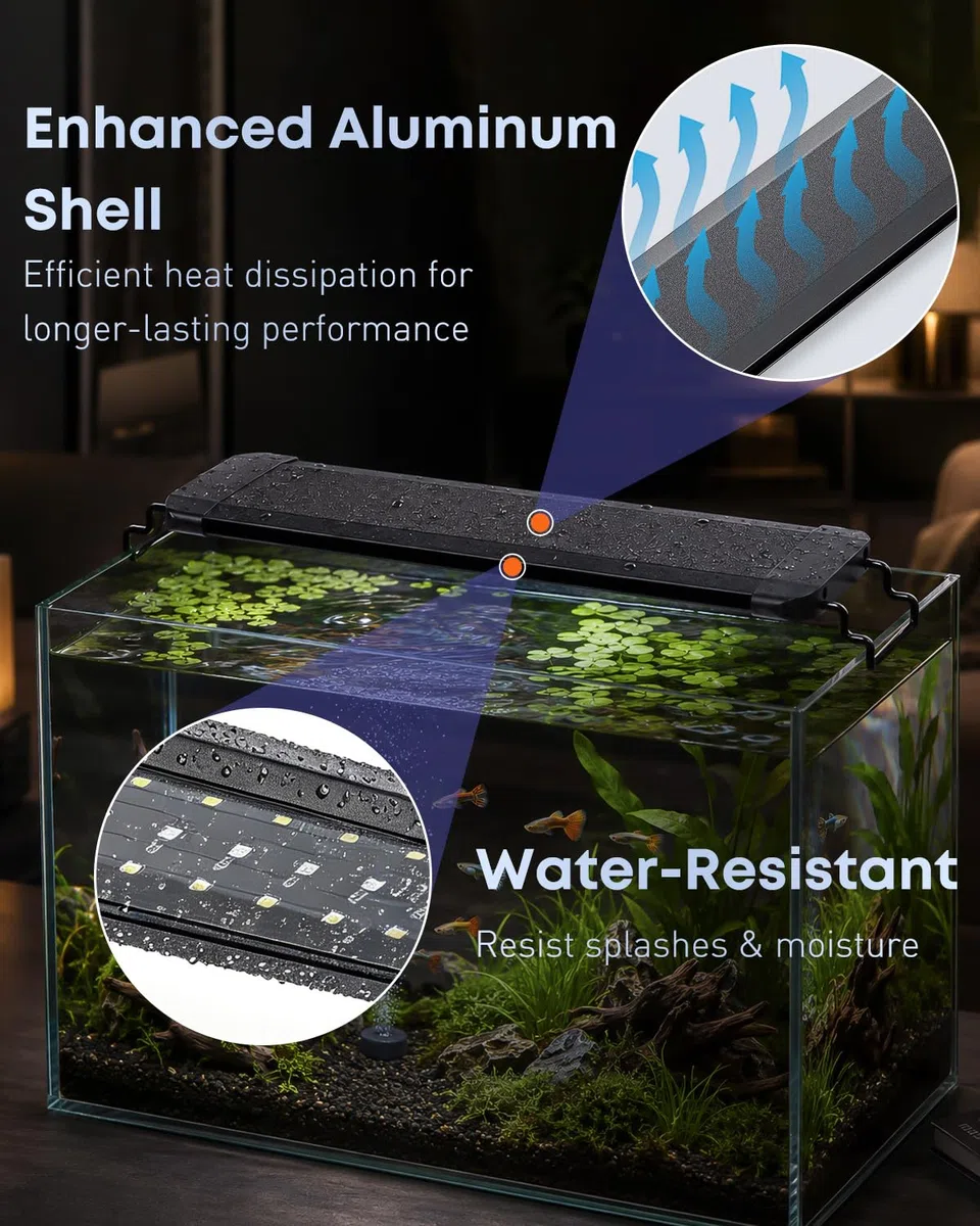 Pawfly Lampe d'aquarium pour plantes, 11 W lumière pour aquarium, spectre complet pour bacs de 30 à 45 cm, lampe LED extensible avec modes jour/nuit & luminosité réglable pour eau douce