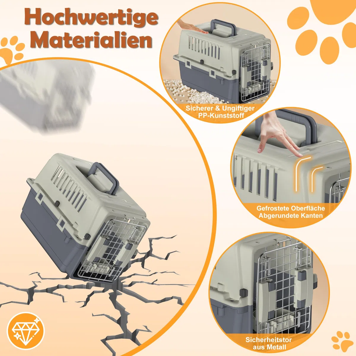 Boîte de transport en plastique pour chien et chat - 60 x 39,5 x 44 cm - Avec récipient de nourriture et séparateur d'urine - Boîte de transport pour animaux - Gris foncé