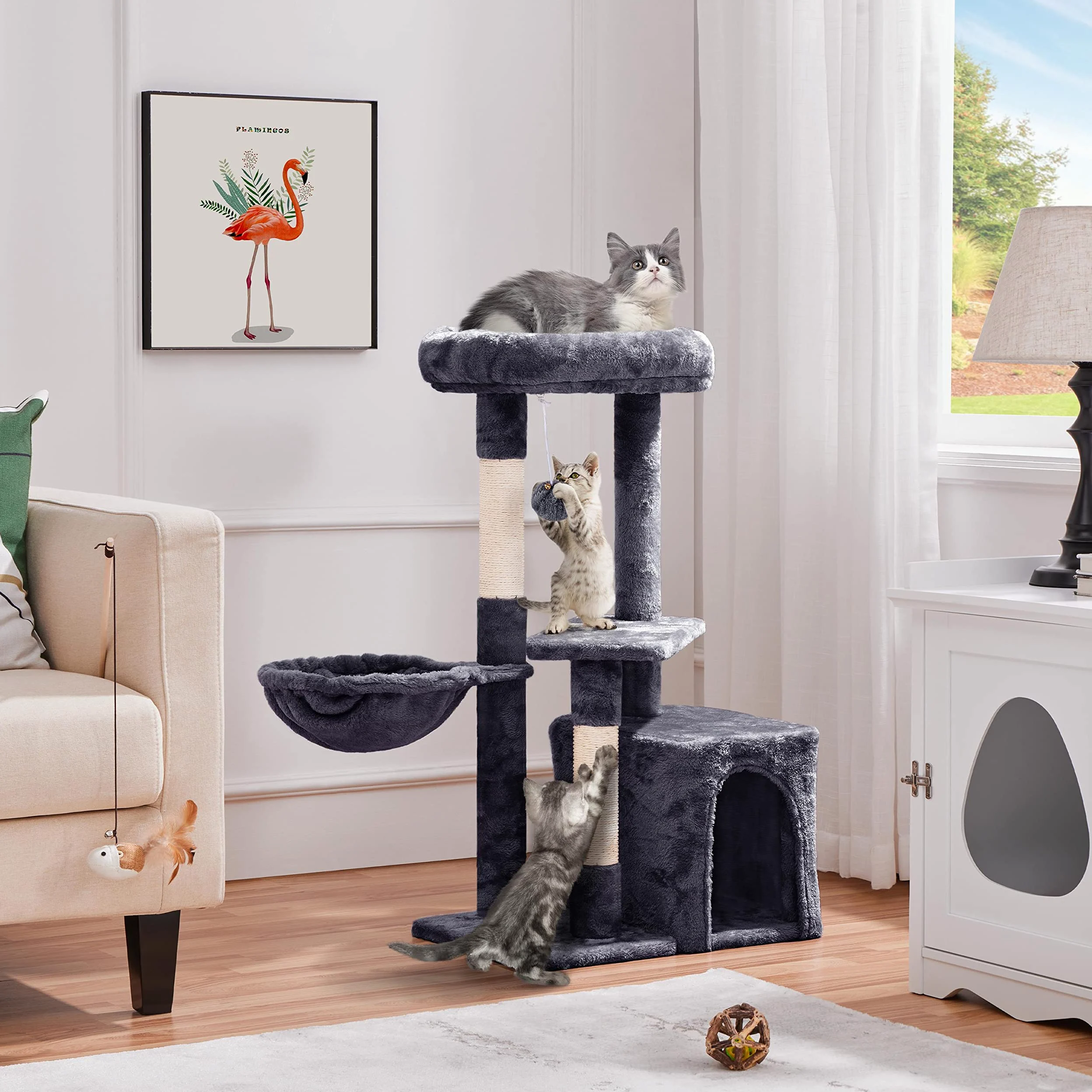 Yaheetech Petit Arbre à Chat Multiniveau Tour pour Chat avec Poteaux Griffoir Cordes Sisal Cachette Panier Niche Plateforme Boule Suspendue Arbre à Grimper 87 cm de Haut Gris Foncé