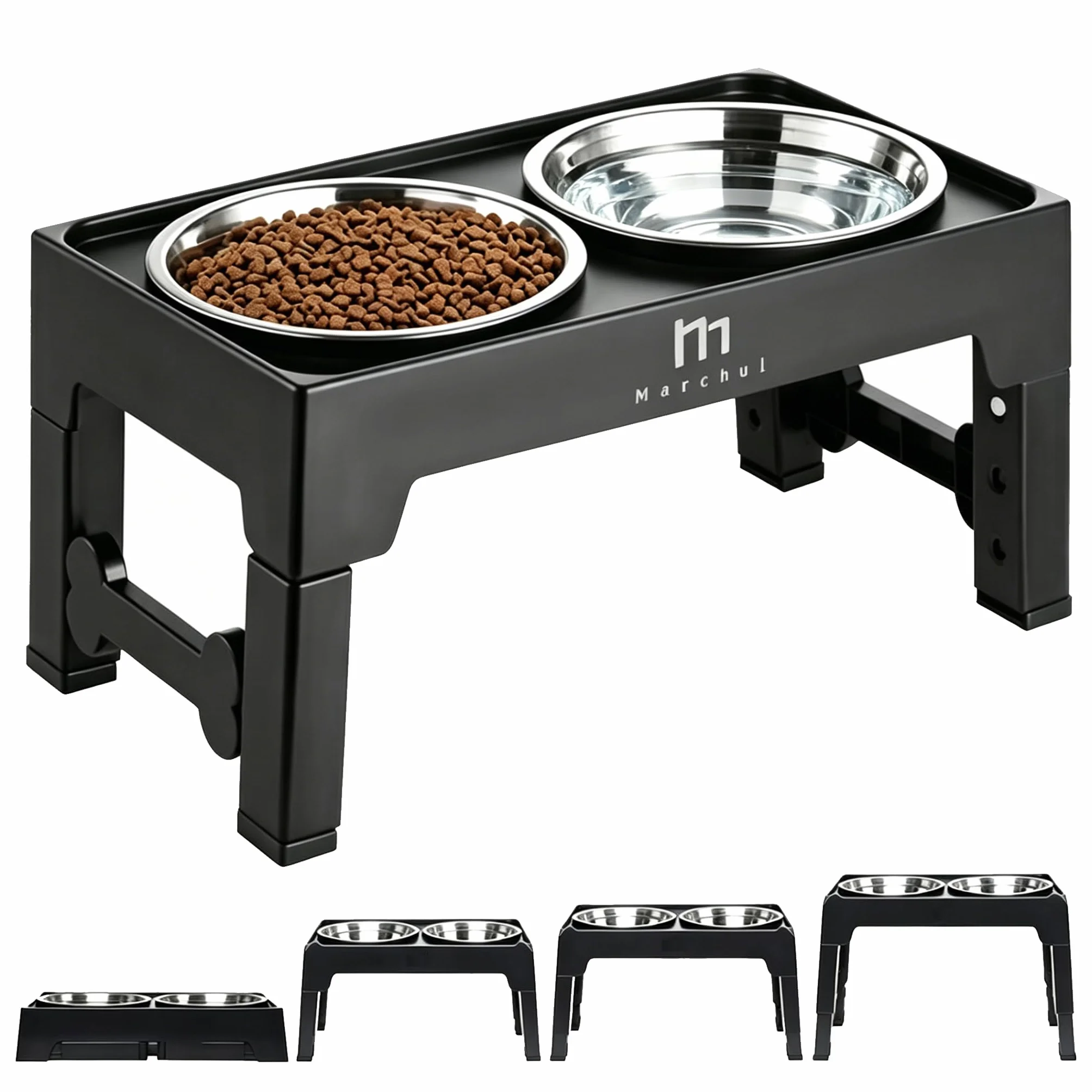Marchul Gamelle Chien Surélevées de 4 Hauteurs Ajustables, Gamelle pour Chien avec 2 Bols en Acier Inoxydable, Pliable, Antidérapant, Convient aux Petits, Moyens et Grands Chiens
