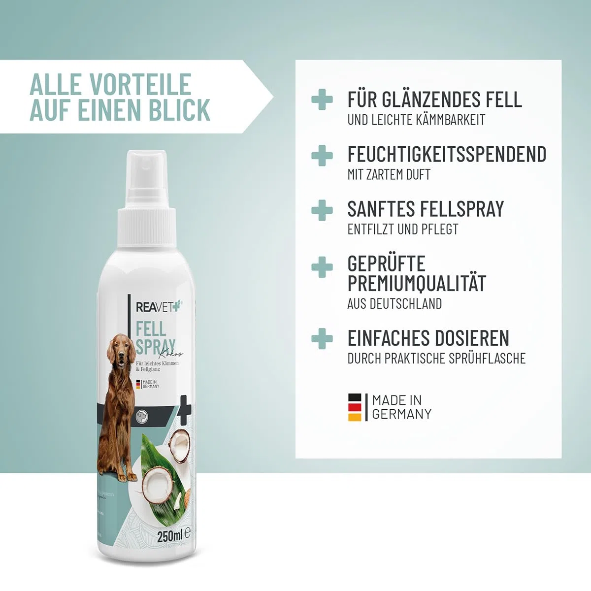 ReaVET Spray d'entretien pour le pelage à la noix de coco 250 ml – Spray doux pour chiens et chats – Spray démêlant & aide au peignage – Avec spray de coco et huile de coco