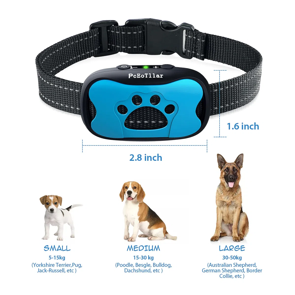 PcEoTllar Rechargeable Collier Anti aboiement Chien pour Petit Moyen Grand Chien, Intelligente Collier Dressage avec 2 Modes Vibration et Son 7 Niveaux de Sensibilité, Bleu