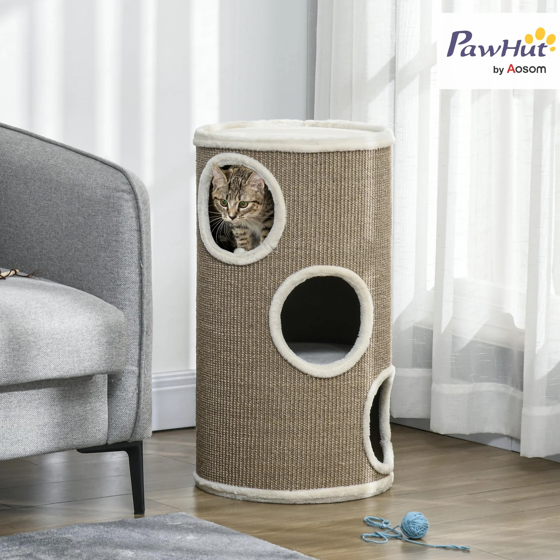 PawHut Tonneau à griffer, hauteur 70 cm, tonneau de jeu pour chats, 3 niveaux, arbre à chat avec 3 cavités, arbre à chat, tour à griffer en sisal, meuble pour chats, peluche, marron