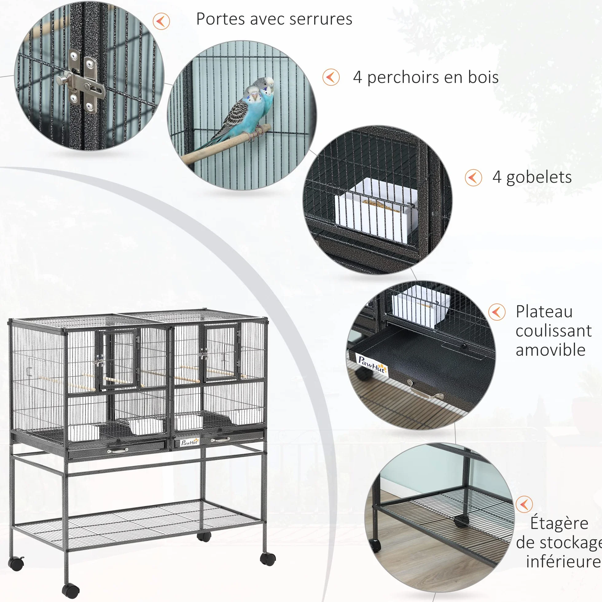 PawHut Cage à Oiseaux avec séparation mangeoire et perchoir 95L x 45,5l x 102H cm Noir et Gris