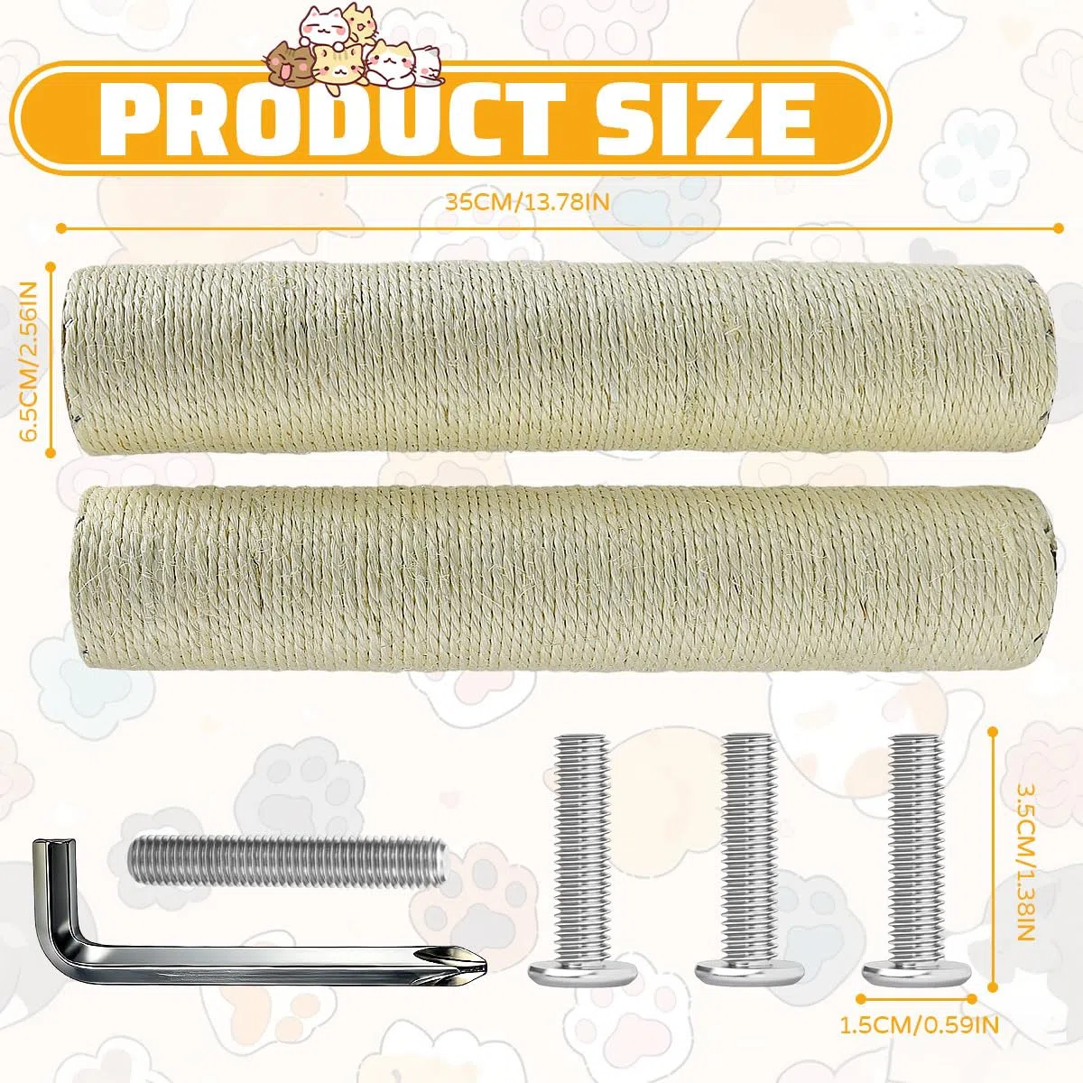 2 Pcs Poteau de Rechange Arbre à Chat 35 x 6.5 cm avec Vis M8, Tronc de Rechange Griffoir Chat, Poteau à Griffer de Remplacement avec Corde en Sisal, pour Rénovation Colonne à Griffer d'Animau