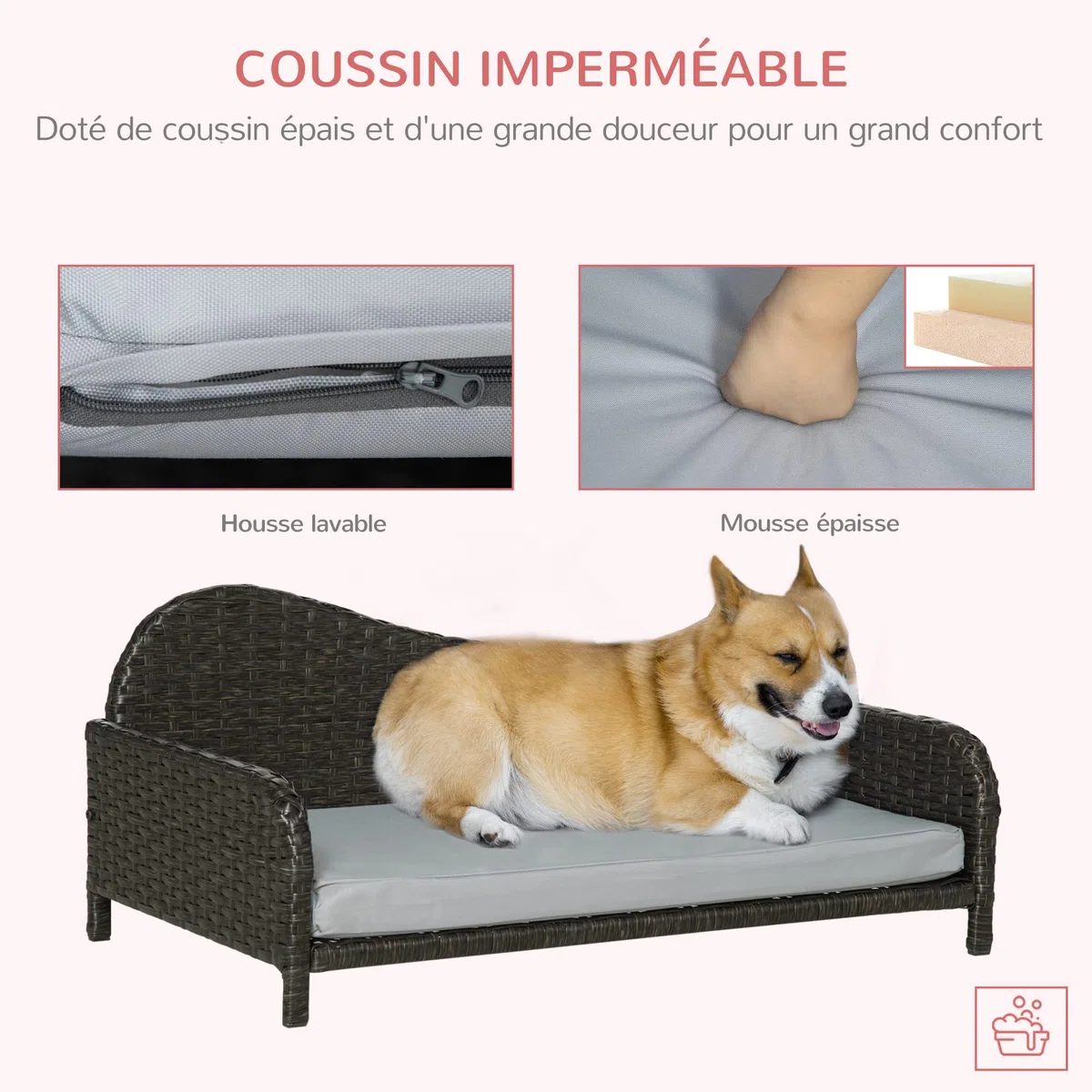 PawHut Canapé Panier pour Chiens et Chats, en résine tressée, avec Rembourrage, imperméable et Lavable, terne à l'intérieur et à l'extérieur. 75L x 45l x 35H cm