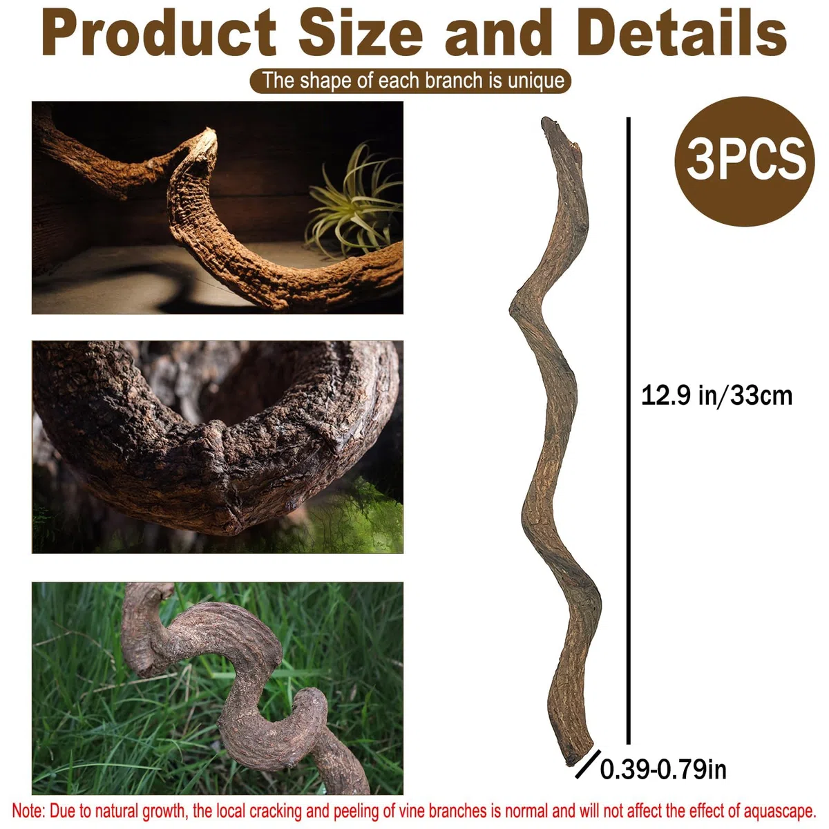 Kathson Lot de 3 branches naturelles de forêt pour terrarium, décoration d'habitat de lézard, branche d'arbre grimpante pour dragon barbu, gecko, serpent, grenouille, caméléon, araignée