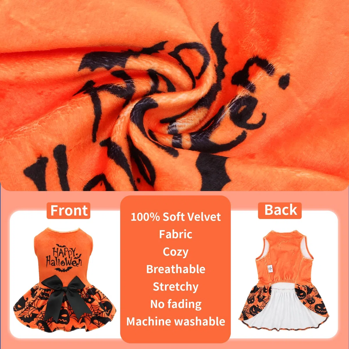 CuteBone CVA57XXS-D Robes d'Halloween en velours pour petits chiens, vêtements pour animaux de compagnie, jupe avec nœud et corde à poils