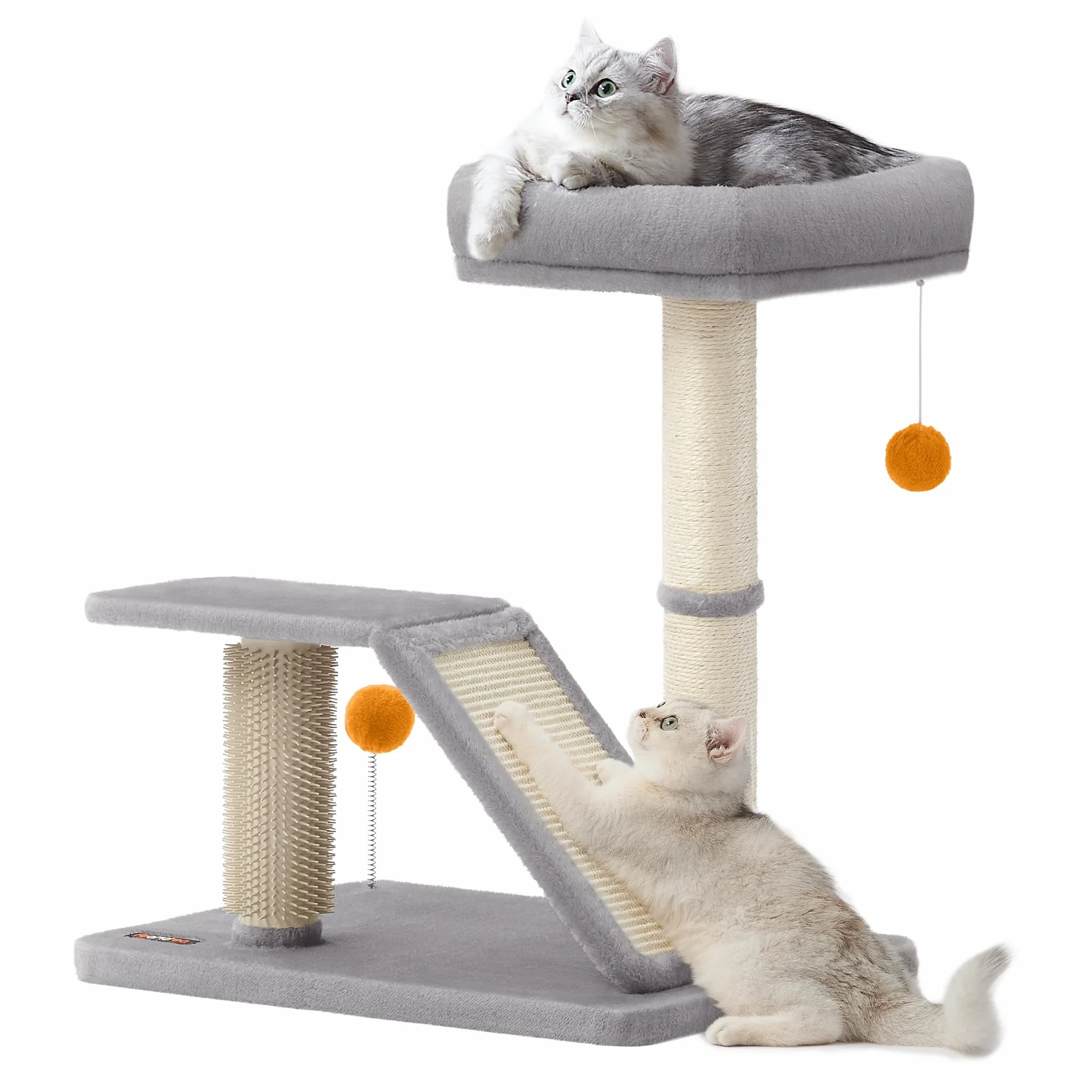 Feandrea Griffoir pour Chat avec Lit, Griffoir Multifonctionnel avec Rampe de Grattage Pivotante, Perchoir, Toilettage Autonome, Pompons, Petit Arbre à Chat, Gris Clair PCA024G01