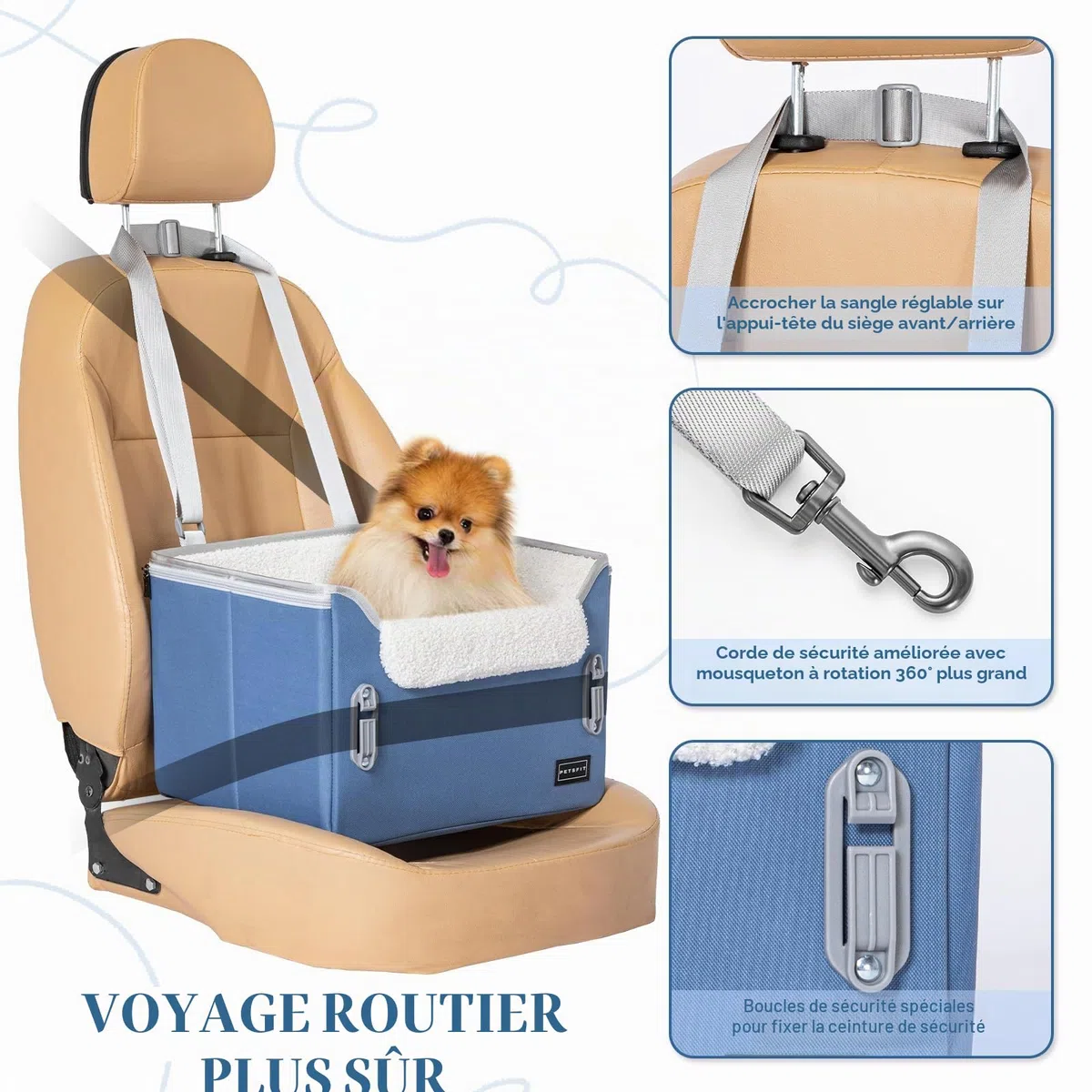PETSFIT Siège rehausseur de voiture pour chien de taille moyenne avec 2 laisses de sécurité à clipser, boucles brevetées, siège rehausseur pour animaux de compagnie (bleu neuf, taille S)