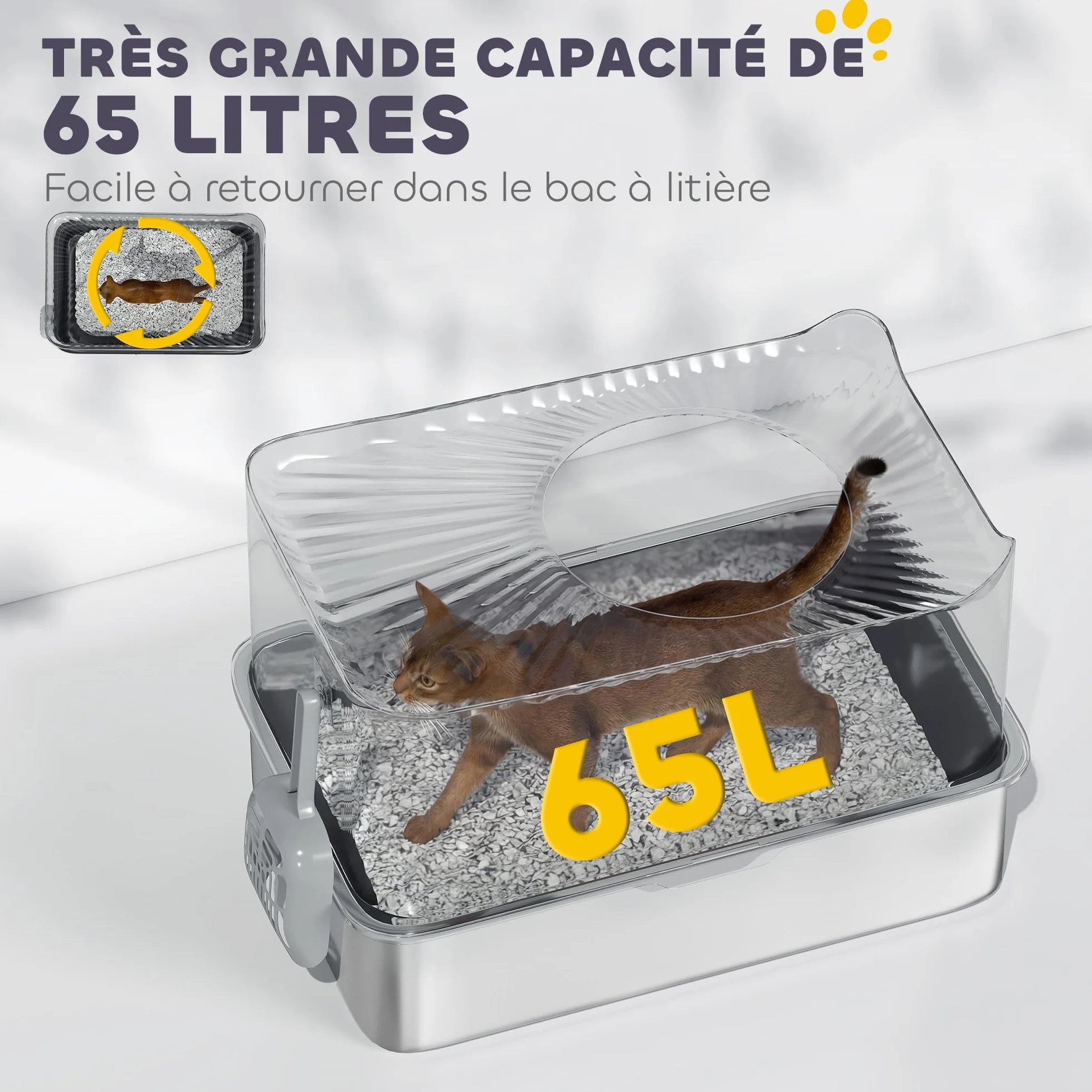 PawHut Bac à litière pour Chat XXL en Acier Inoxydable, 65L Grande capacité, Maison de Toilette pour Chat, avec Pelle et Patins antidérapants, Facile à Nettoyer, 60 x 40 x 38 cm, Noir