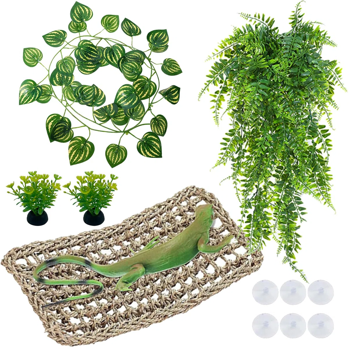 Hamac gecko avec réservoir de reptiles à suspendre pour terrarium - Feuilles artificielles pour lézards caméléons