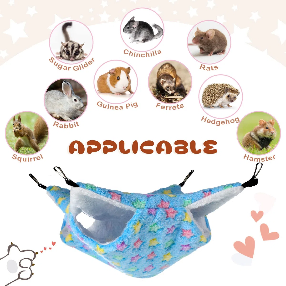 4 Hamacs pour Petits Animaux Hamacs Suspendus pour Cochons d'Inde Lits à Suspendre pour Furet Cachettes de Couchage pour Rat Accessoires de Cage en Polaire pour Hamster (Étoile)