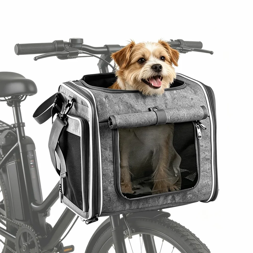 Panier de vélo pour chien avant 4 en 1, sac à dos extensible pour chien, panier de vélo pour chien, gris, sac de voyage pliable avec 4 fenêtres en maille et 4 portes ouvertes, panier de vélo pour