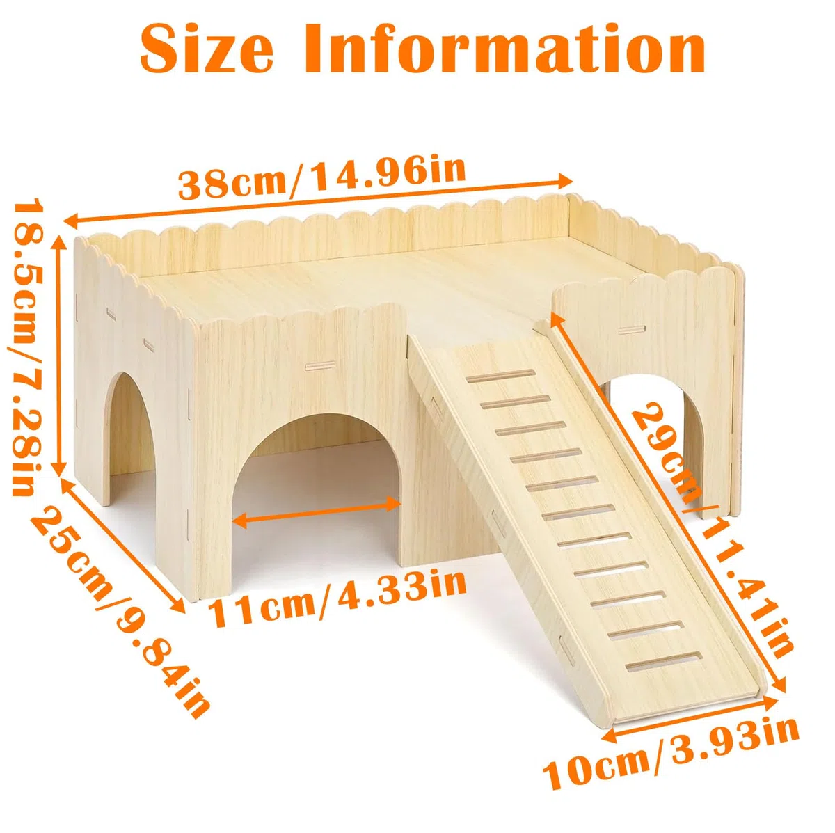 Cabane Cochon d'Inde Bois Massif 4 Entrées avec Rampe Détachable, 38x25x18cm Maison en Bois Naturelle Petits Animaux de Compagnie, Accessoires Jouets pour Hamsters, Nains, Chinchilla, Lapins