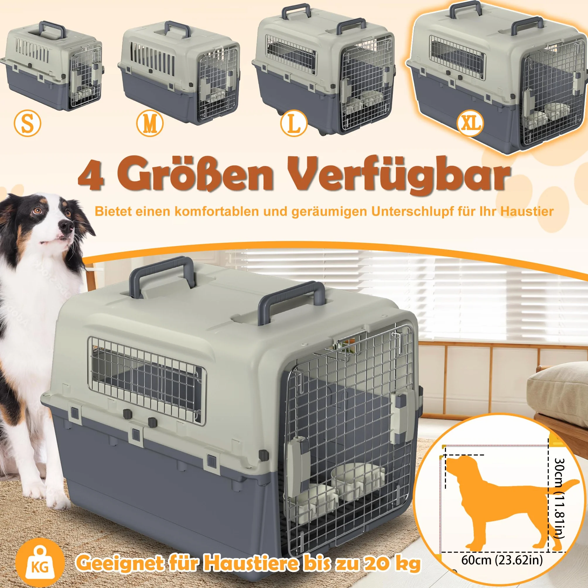 Froadp Boîte de transport pour animaux de compagnie, chien, chat, en plastique PP, 80 x 57 x 70 cm, avec roulettes, espaceurs d'urine et gamelles suspendues