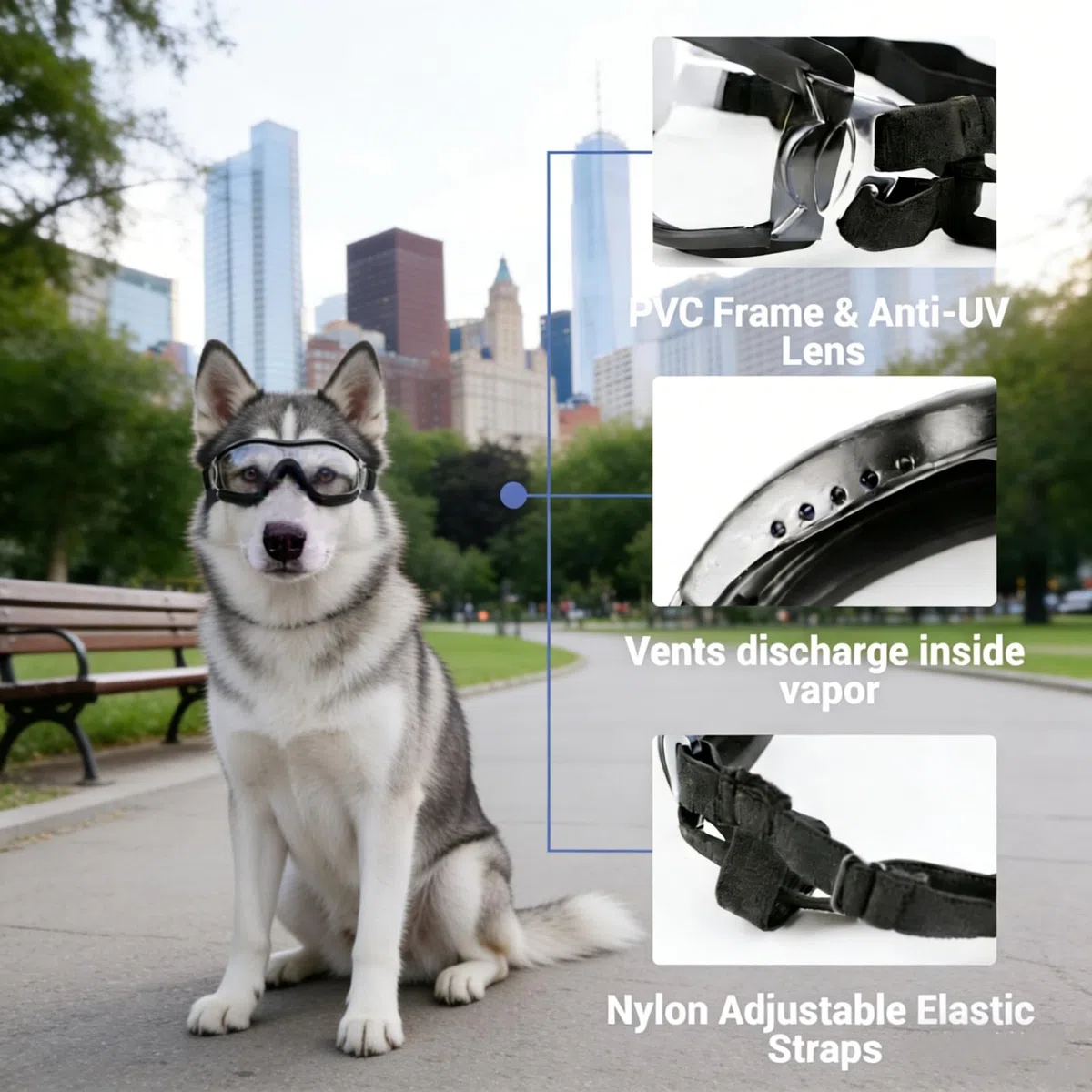 Namsan Lot de 2 paires de lunettes pour chiens moyens et grands, protection UV, lunettes pour chien, protection des yeux, sangles élastiques réglables, verres transparents/argentés