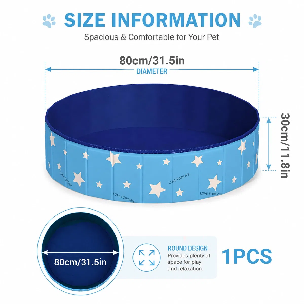 ZoneYan Piscine Pliable Chien 80 * 30 cm, Piscine pour Chien en PVC, Baignoire pour Chien Antidérapante avec Double Vidange, Piscine pour Chien Piscine Portable pour Petits et Moyens Chiens (Bleu)