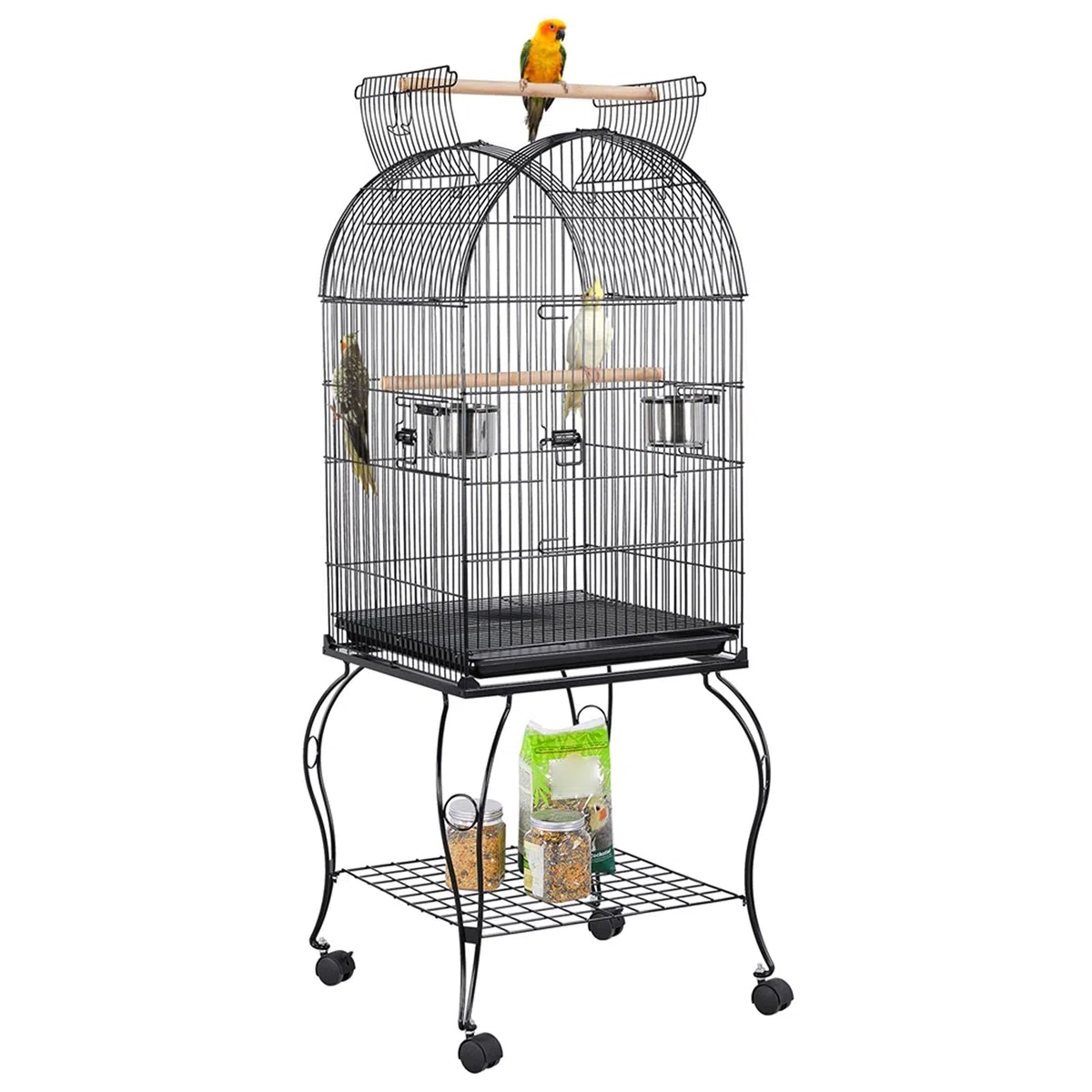 Yaheetech Cage Oiseau avec Toit Ouvert Voliere Oiseaux Interieur roulante sur roulettes avec Support Détachable pour Perruche Canaries Mandarin 59 x 59 x 150 cm Noir