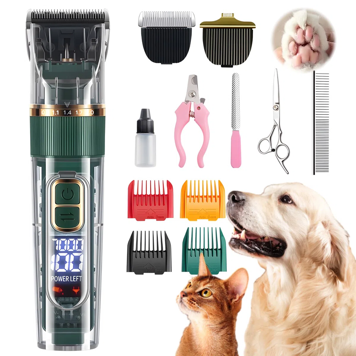Tondeuse Professionnelle pour Chien et Chat, avec Écran LED, 4 Peignes de Limite, 3 Vitesses, Étanche IPX7 - pour Poils Longs et Noeud (Vert)