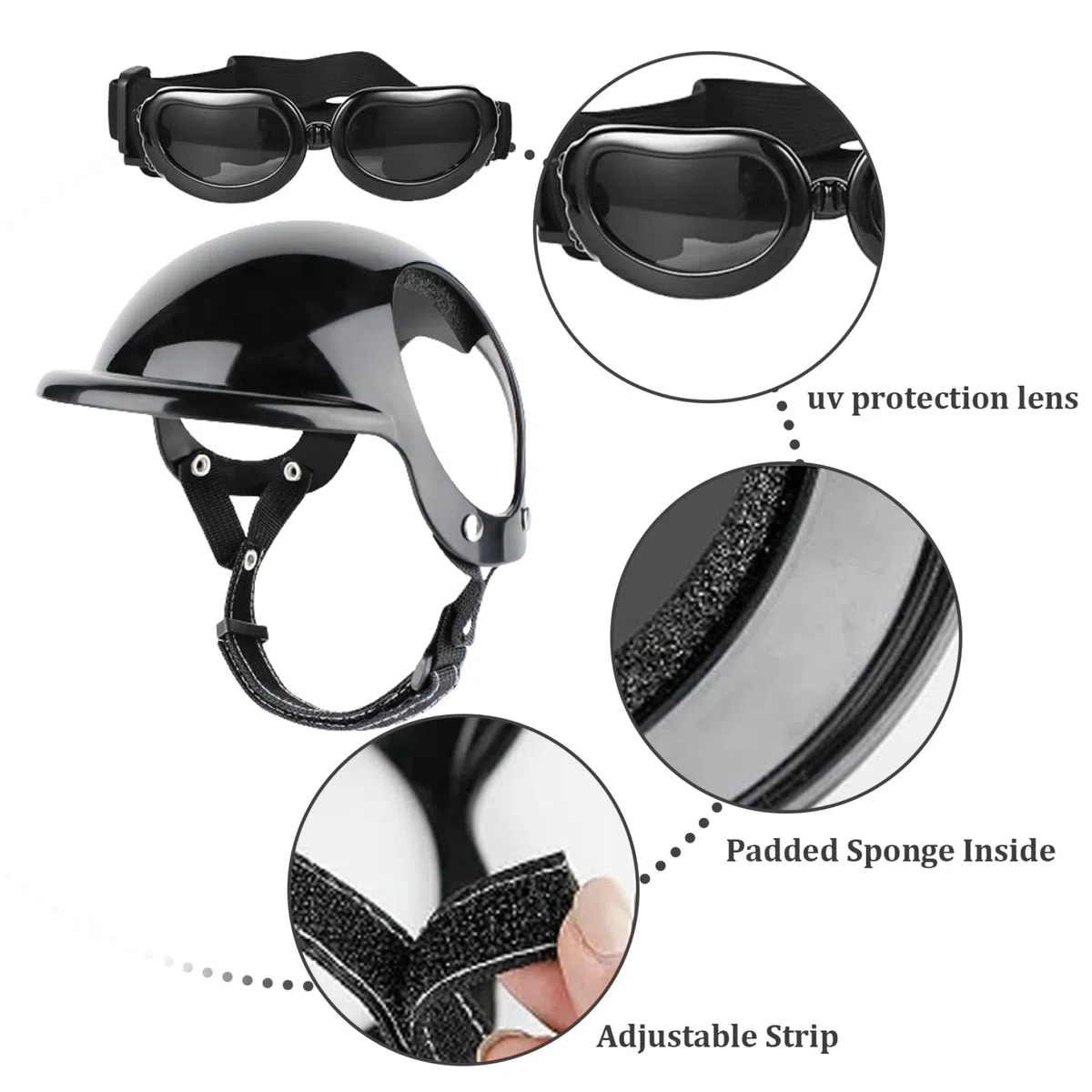 Casque pour Chien, Casque et Lunettes pour Chien 2 pièces/Ensemble dôme de mentonnière réglable avec Trou d'oreille Coupe-Vent Lunettes décoratives élégantes Fournitures pour Animaux de Compagnie