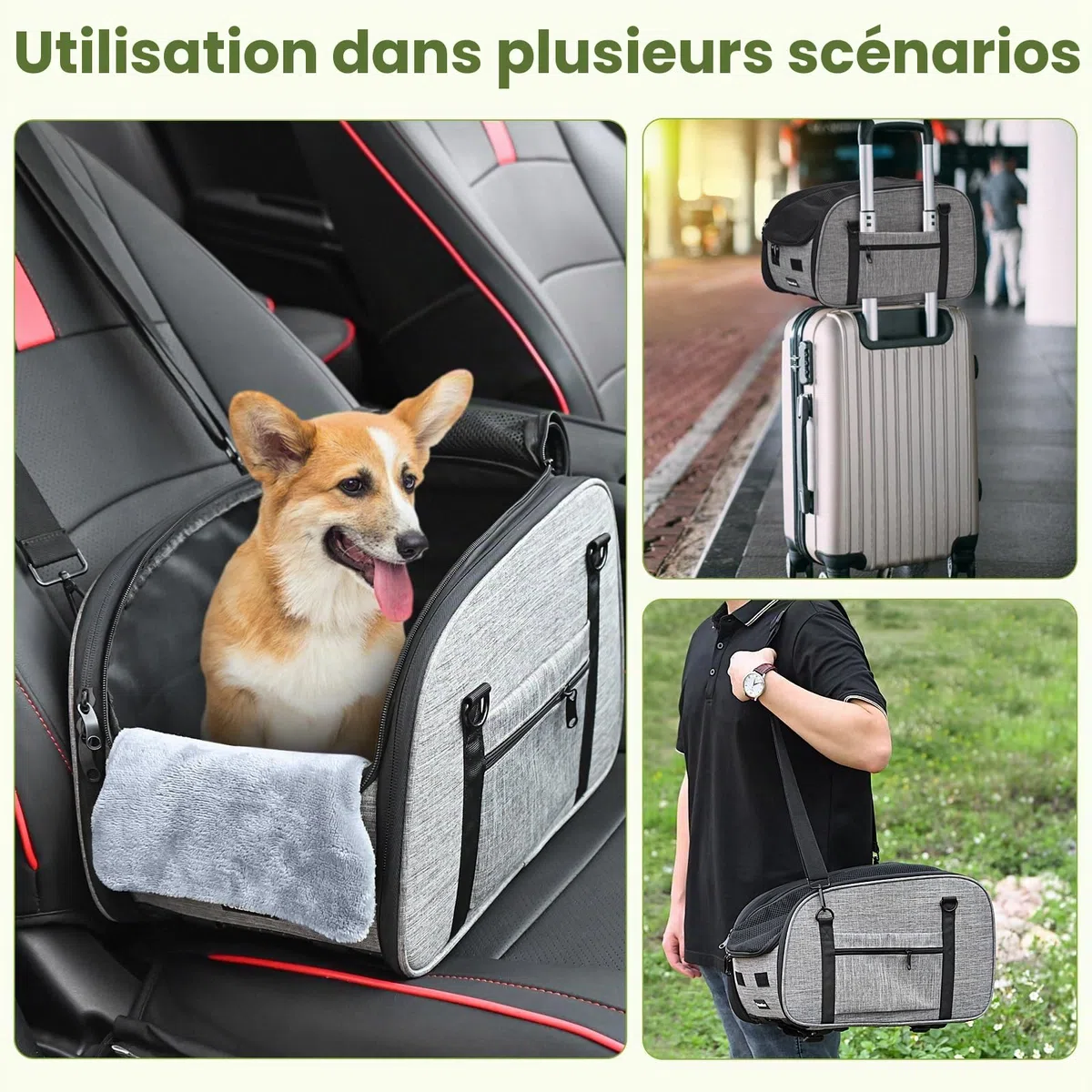 Siège Auto pour Petits Chiens Chats – Console Centrale Siège Auto Chien, Siège Portable avec Double Ceinture de Sécurité et Dessous Antidérapant, Coussin Lavable, Sac de Rangement, Gris