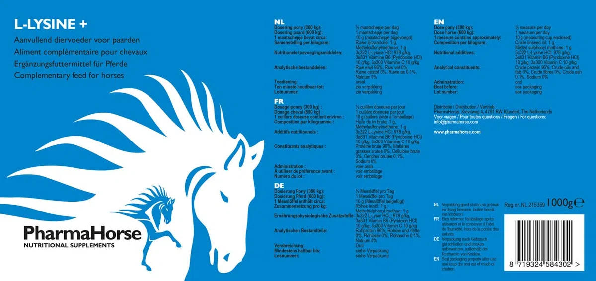 PharmaHorse L-Lysine+ | Système immunitaire Cheval | Acide aminé Cheval | Production de protéines corporelles | Réduction Fatigue | 1000 grammes