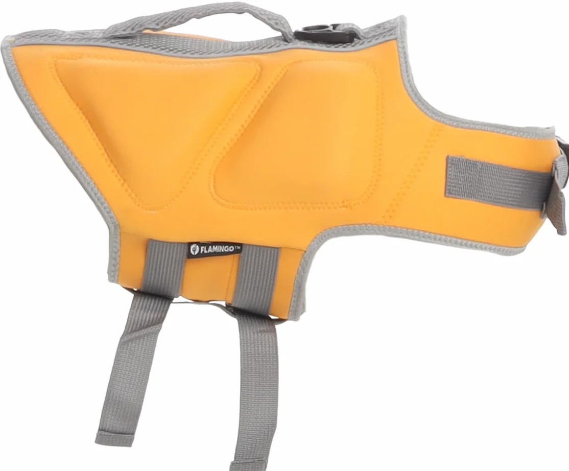 Gilet de Sauvetage Chien - Flamingo Swimmy Jaune - XS A:22 cm B:30-34 cm C:43-49 cm - Polyester - Mousse EPE - réglable - Bandes réfléchissantes - Anneau pour Laisse