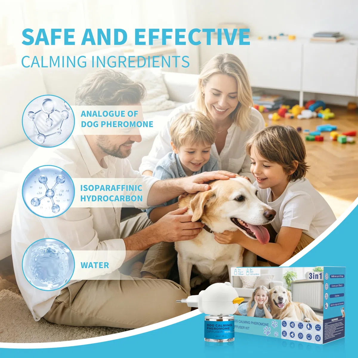 Diffuseur de Phéromones Apaisant pour Chien, Kit 1 Diffuseur + 2 Recharges 48ML, Anti-Stress et Anti-Anxiété, Réduit Aboiements et Comportements Destructeurs, Effet Continu Jusqu’à 60 Jours, Couvertur