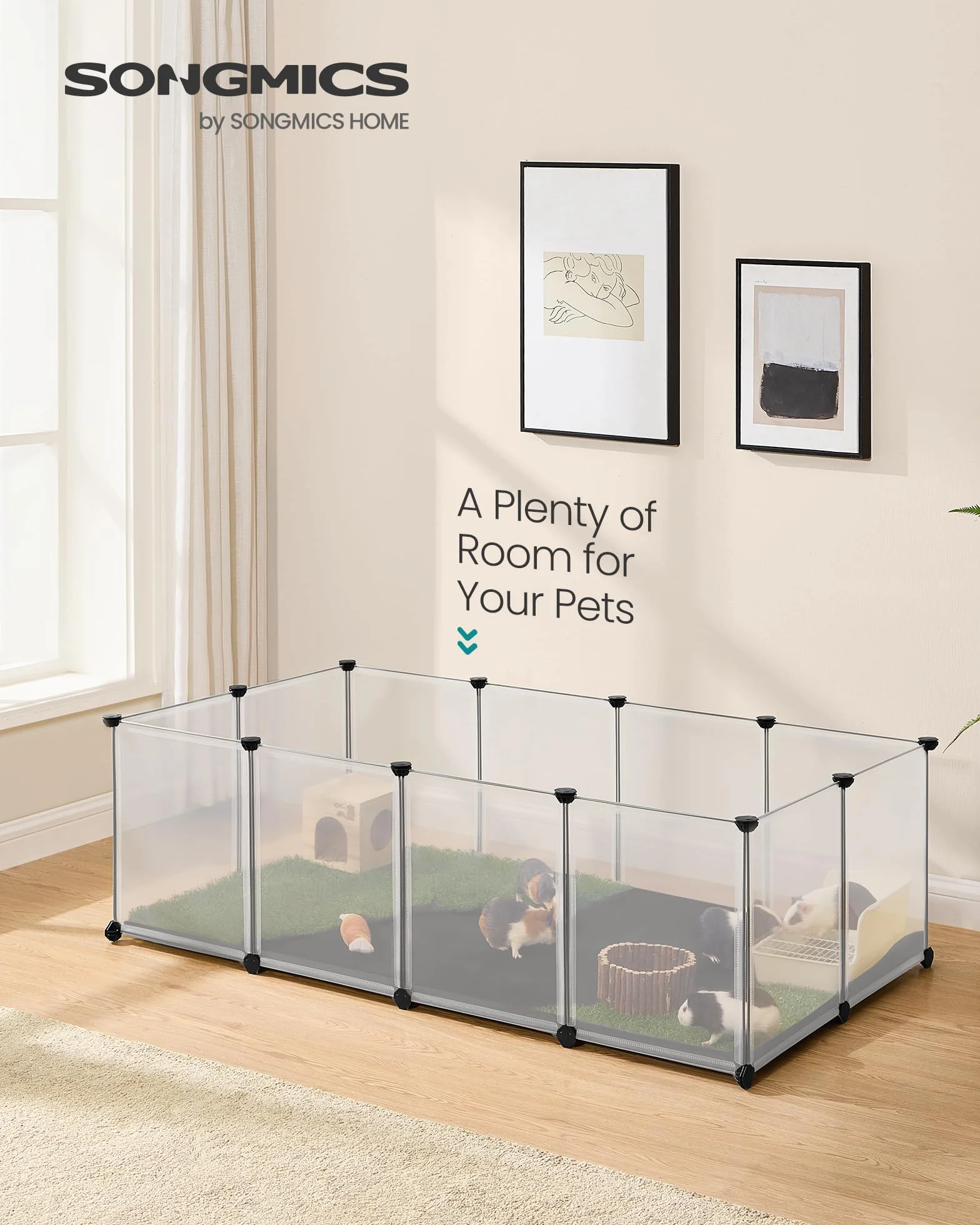 SONGMICS Enclos pour Animaux avec Plancher et Tapis Imperméable et Amovible, Parc pour Petits Animaux, pour Hamsters, Lapin, Hérisson, Cochon d’Inde, 125 x 63 x 42 cm, Blanc LPC009W01