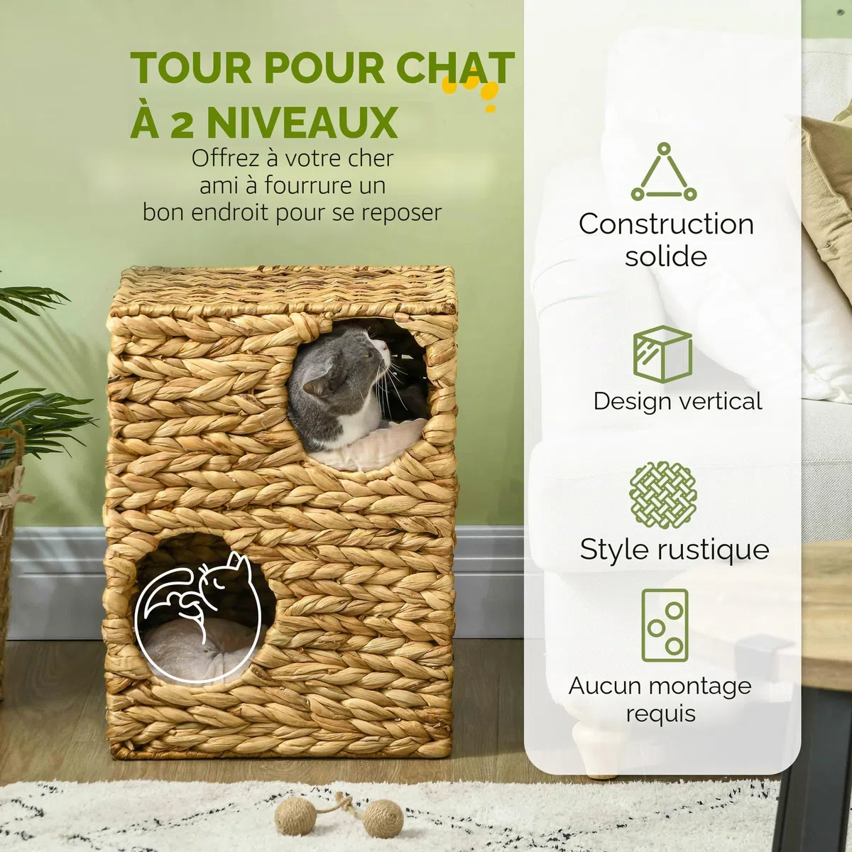 PawHut Tonneau à Chat de 55 cm de Haut avec 2 niches, Coussins lavables, Arbre à Chat, Tour de Chat en Jacinthe d'eau, Marron Clair