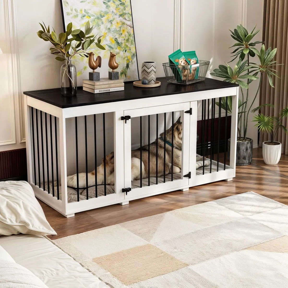 Cage Moderne pour Chien avec 1 Porte grillagée,Niche pour Chien en MDF et métal,Cage de Transport pour Animal Domestique, Respirante,Niche d'intérieur pour Moyenne,136.2x56.2x70cm