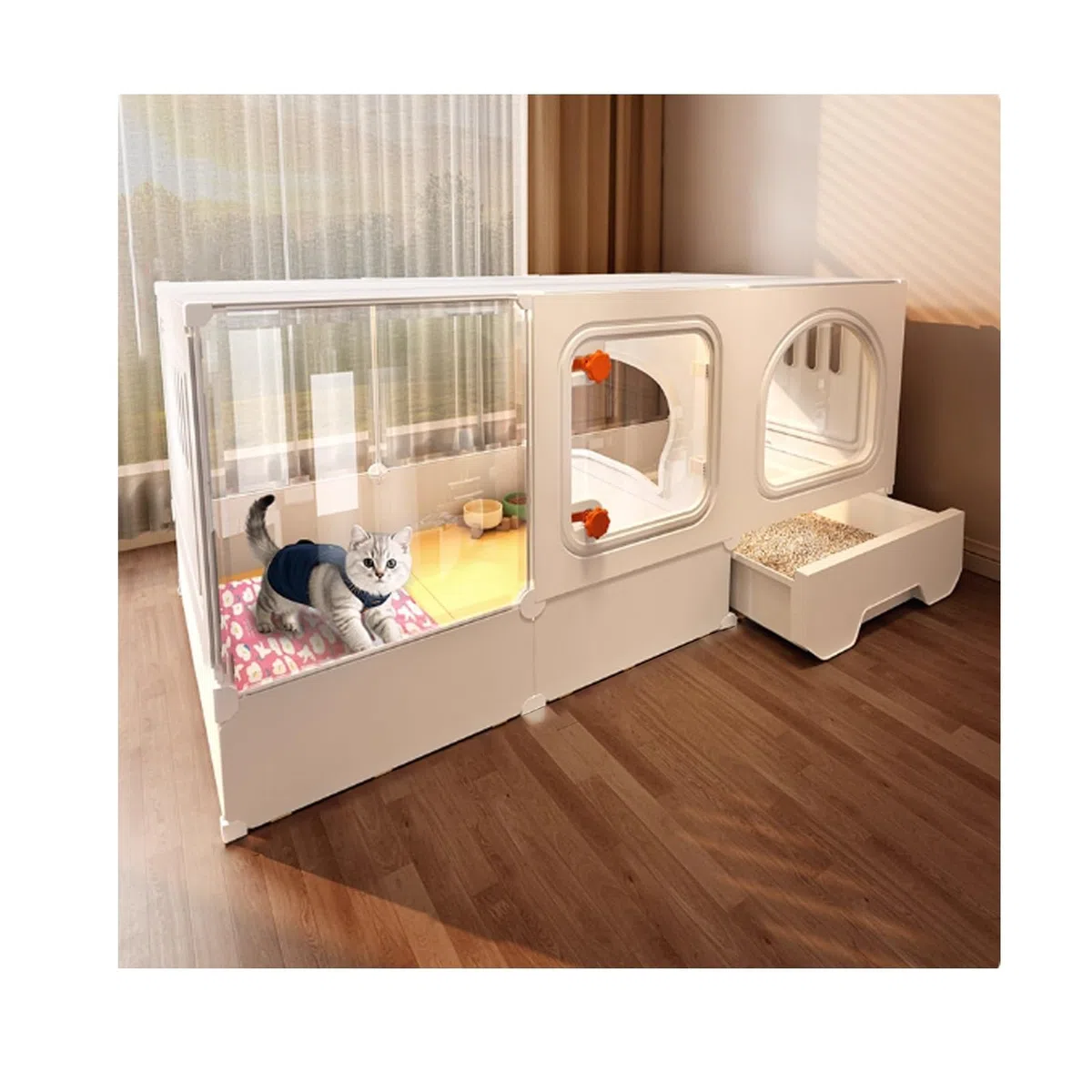 Cage D'intérieur Multifonctionnelle pour Chat avec Bac À Litière, Grand Espace d'exercice Idéal, pour 1 à 2 Chats (Blanc)