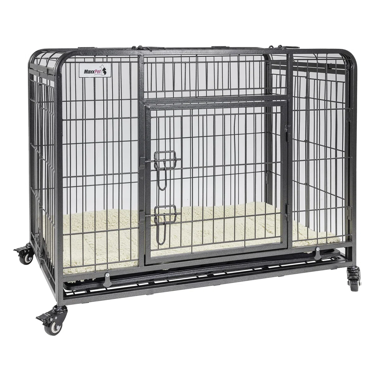 MaxxPet Cage pour Chien - Cage Pliable en Métal pour Chien - Caisse De Transport pour Chien XXL - avec Plaid Luxueux et roulettes - Convient pour Le Transport - 94x58x70 cm - Gris