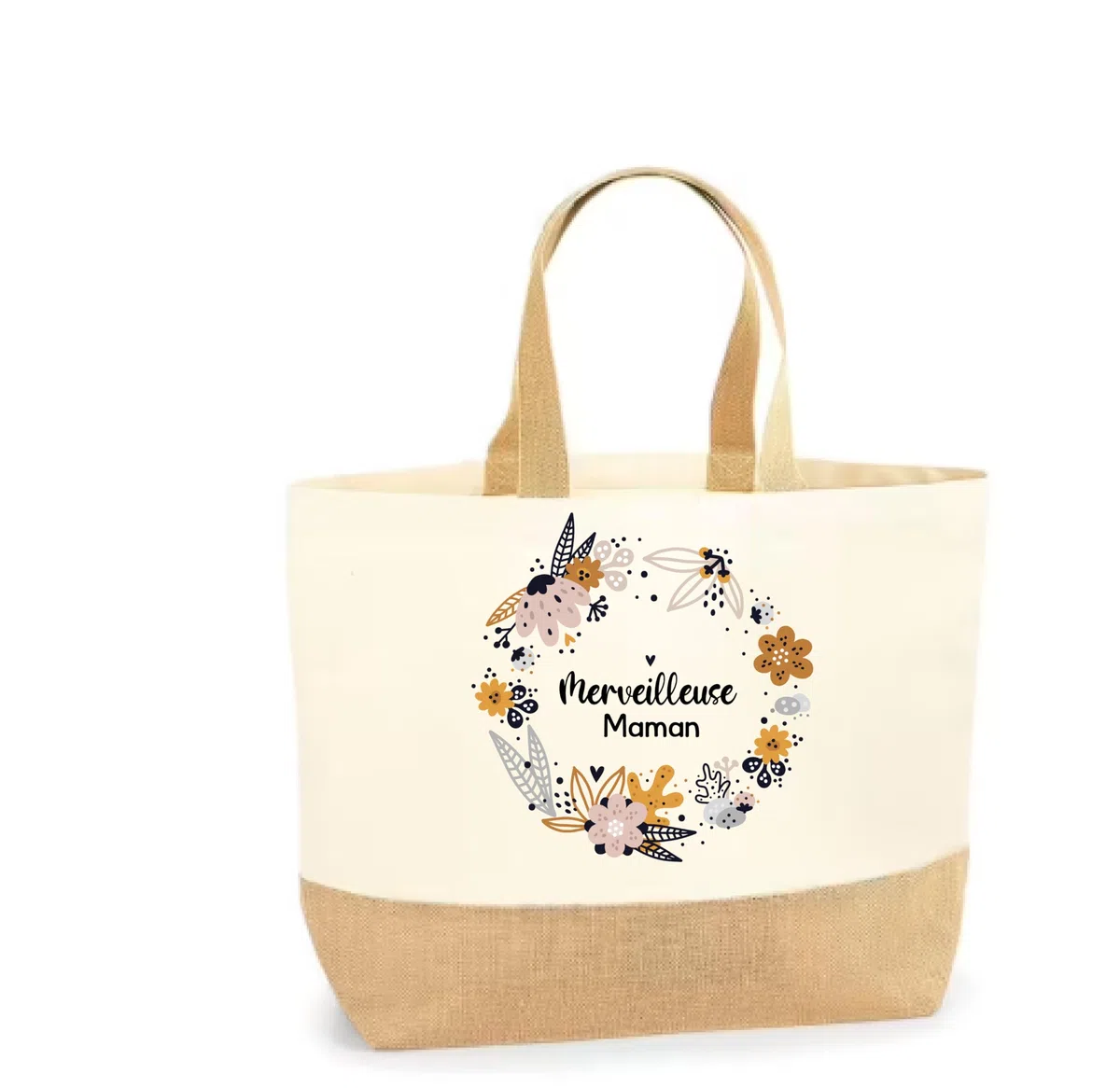 Sac Shopping "Merveilleuse Maman" avec Couronne de Fleurs – Sac en Toile de Coton et Jute Laminé, Dimensions 38x44x18 cm, Capacité 29L, Cadeau Idéal pour Maman