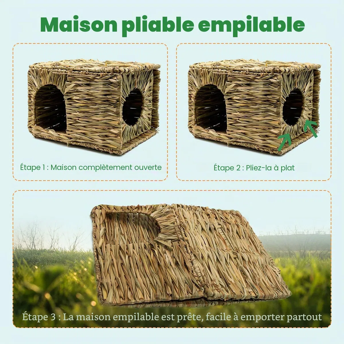 HYLYUN Très Grande Maison Foin Lapin Naturellement Séchée Maison d'herbe Tissée Pliable pour Lapin, Cochon d'Inde, Chinchilla, Furet Jouer et Dormir
