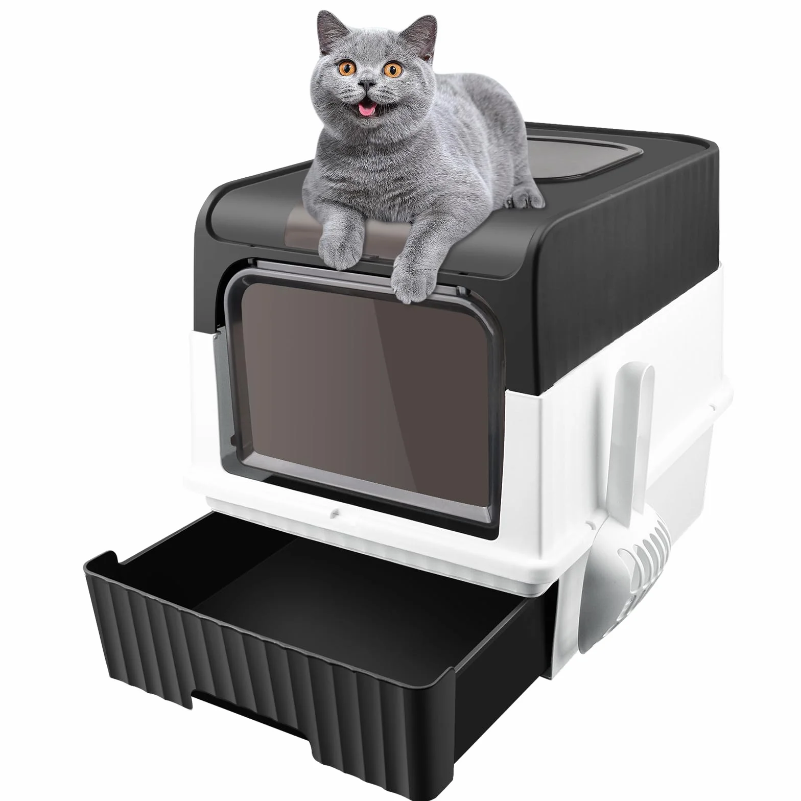 Grande Maison de Toilette Chat Pliable,Bac de Tiroir et Pelle à Litière,Portable,Bac à Litière Fermé Compartiment Inférieur Amovible pour Un Nettoyage Facile 49 * 37 * 35 cm-Noir